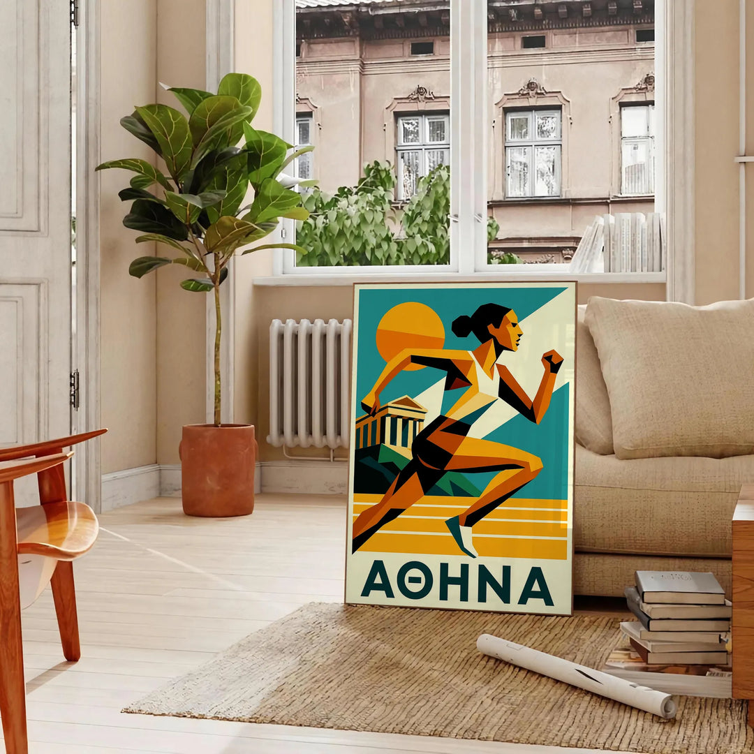 Poster Athletics Athena 19, colori vivaci verde e arancione, dimensioni 50x70 o 30x40, ideale per appassionati di sport