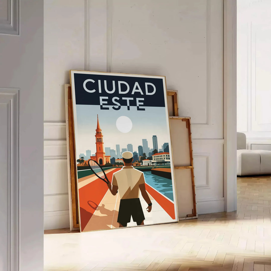 space Ciudad del Este Paraguay Art Déco vintage poster vibrant orange green hues eye design essence bygone era dimensions perfect room unframed version stunning