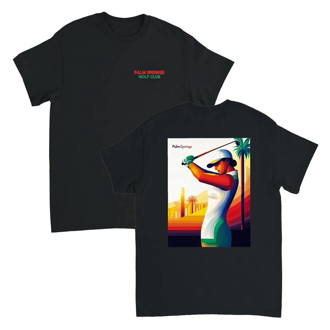 ゴルフパームスプリングスTシャツは、快適さとスタイルを兼ね備えたデザインです。パームスプリングスの陽気な雰囲気を楽しむゴルフ愛好者に最適です。