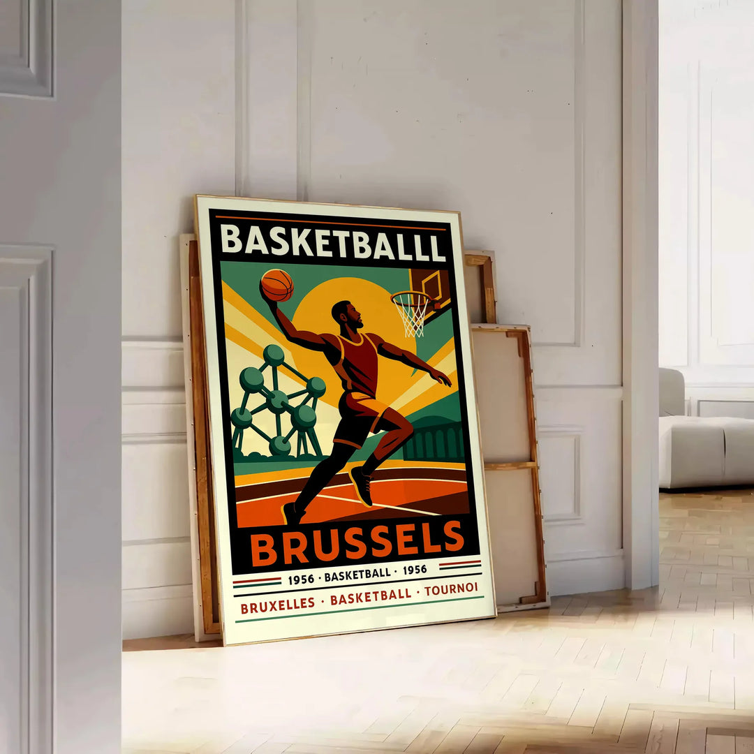 Vintage Basketball Poster im Art Deco Stil mit dem ikonischen Brussels 13, erhältlich in 50x70 oder 30x40. Perfekt für Basket