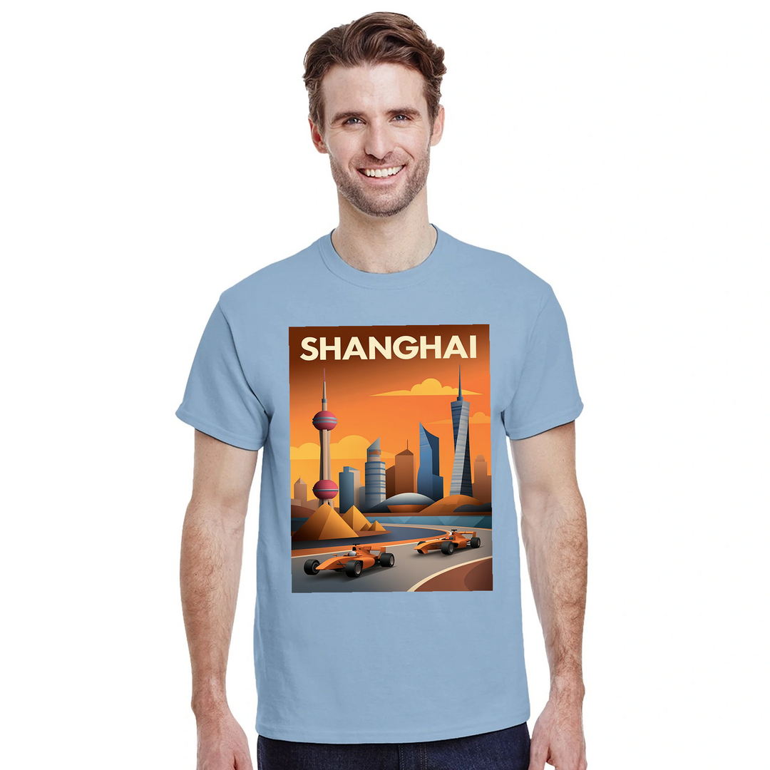 上海F1デザインのTシャツ。モータースポーツファンにぴったりのスタイリッシュなアイテム。高品質コットン使用で快適な着心地。