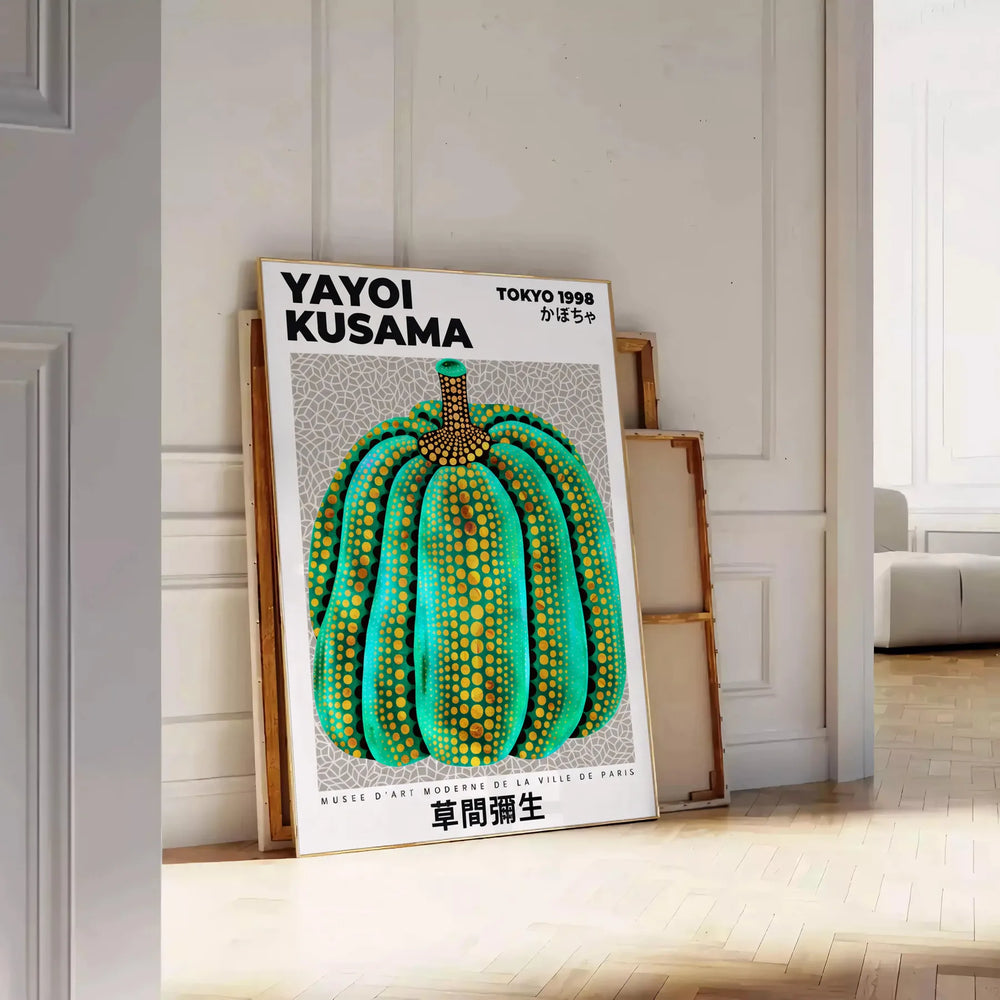 space vibrant Pumpkin Yayoi Kusama poster stunning green yellow hues sized artwork touch Japanese artistry room pop color creativity décor available