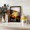 charm Amalfi Coast vintage travel poster black brown hues wall art timeless print ideal gift enthusiast frame style
