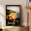 charm Amalfi Coast vintage travel poster black brown hues wall art timeless print ideal gift enthusiast frame style