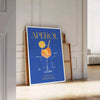 space captivating Aperol cocktail art poster vibrant blue yellow hues wall print ideal gift lovers splash creativity room available