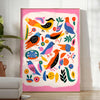 space vibrant bird poster bold orange blue hues captivating wall art ideal gift touch nature room various print sizes A4 cm A0