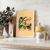 space botanical poster vibrant yellow bold black hues wall art unique gift artwork nature charm room sizes A4 cm A0