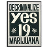 space vintage Decriminalise Marijuana poster bold black orange hues wall art enthusiasts eye artwork standout gift sizes A4 cm A0