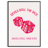 Devils Roll Dice poster trendy piece wall art bold blue orange hues striking artwork unique gift print modern edge space decor today