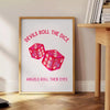 Devils Roll Dice poster trendy piece wall art bold blue orange hues striking artwork unique gift print modern edge space decor today
