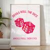 Devils Roll Dice poster trendy piece wall art bold blue orange hues striking artwork unique gift print modern edge space decor today