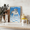 space dog poster serene blue gray hues wall art masterpiece thoughtful gift artwork touch canine charm room sizes A4 cm A0