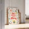 kitchen decor Eat Drink Be Merry poster gray green hues wall art charm joy space perfect gift culinary enthusiasts sizes A4 cm A0
