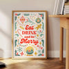 kitchen decor Eat Drink Be Merry poster gray green hues wall art charm joy space perfect gift culinary enthusiasts sizes A4 cm A0