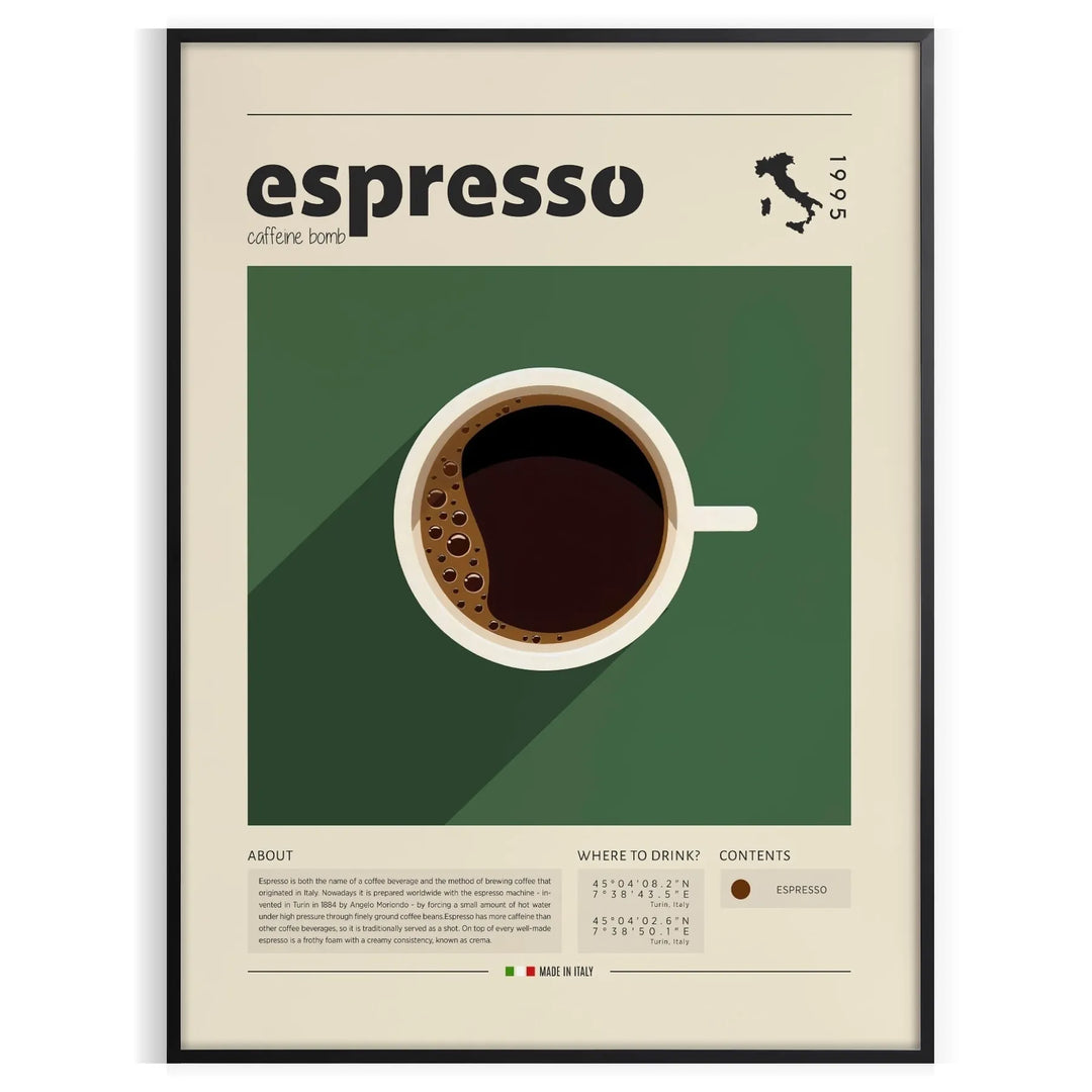 Espresso Coffee Italy Kitchen Wall Art Travel Poster High Quality Frame Premium Print Home Decor Color