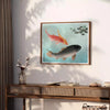 elegance vintage Japanese fish poster serene green blue hues wall art aficionados unique gift artwork tradition tranquility space dimensions A4 cm A0