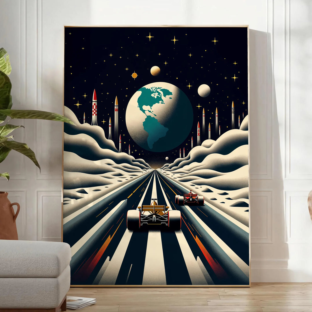 Formula One Moon Poster Travel Poster High Quality Frame Premium Print Home Decor Color