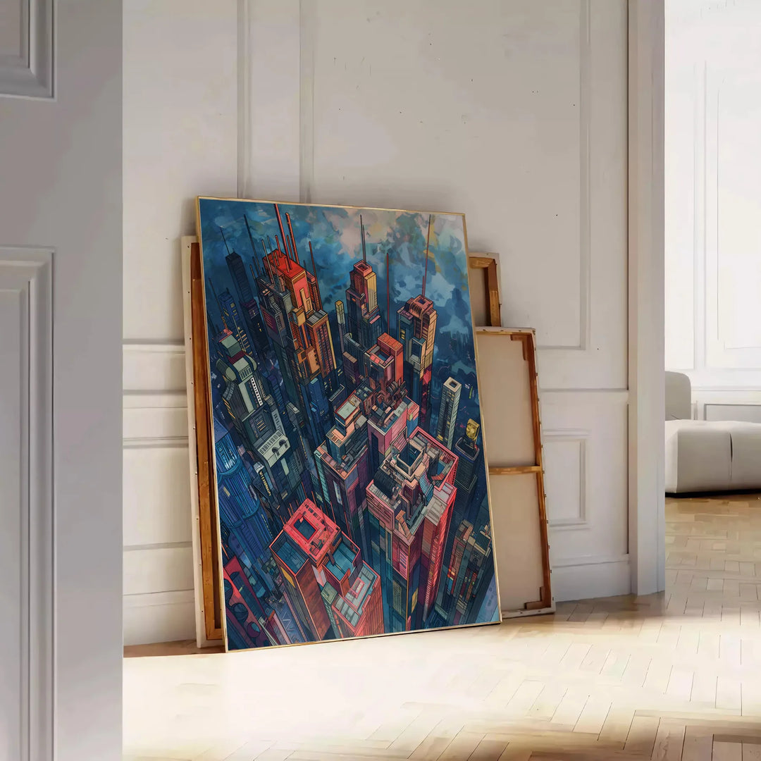 Póster de acuarela de un edificio futurista en tonos verdes y azules, ideal para decorar tu espacio o como regalo único. Disp