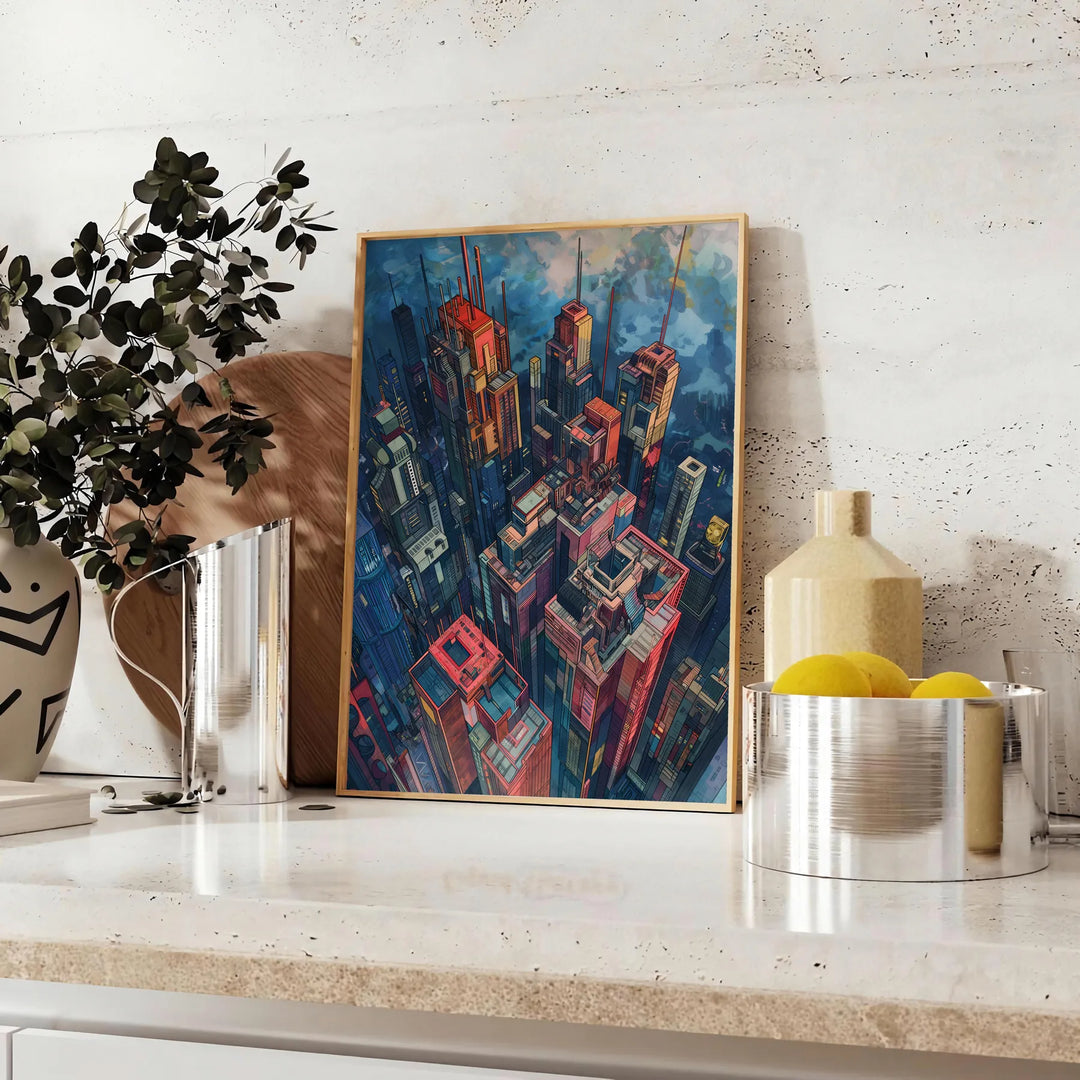 Póster de acuarela de un edificio futurista en tonos verdes y azules, ideal para decorar tu espacio o como regalo único. Disp