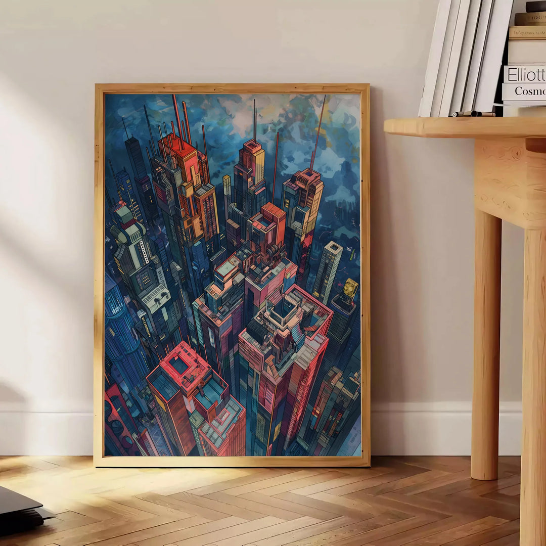 Póster de acuarela de un edificio futurista en tonos verdes y azules, ideal para decorar tu espacio o como regalo único. Disp