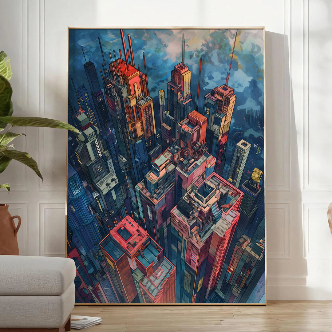 Póster de acuarela de un edificio futurista en tonos verdes y azules, ideal para decorar tu espacio o como regalo único. Disp