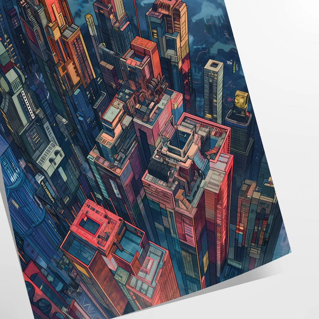 Póster de acuarela de un edificio futurista en tonos verdes y azules, ideal para decorar tu espacio o como regalo único. Disp