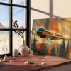 Affiche unique futurisme peinture voyage nuances gris vert décoration cadeau original une vision artistique moderne captivante disponible