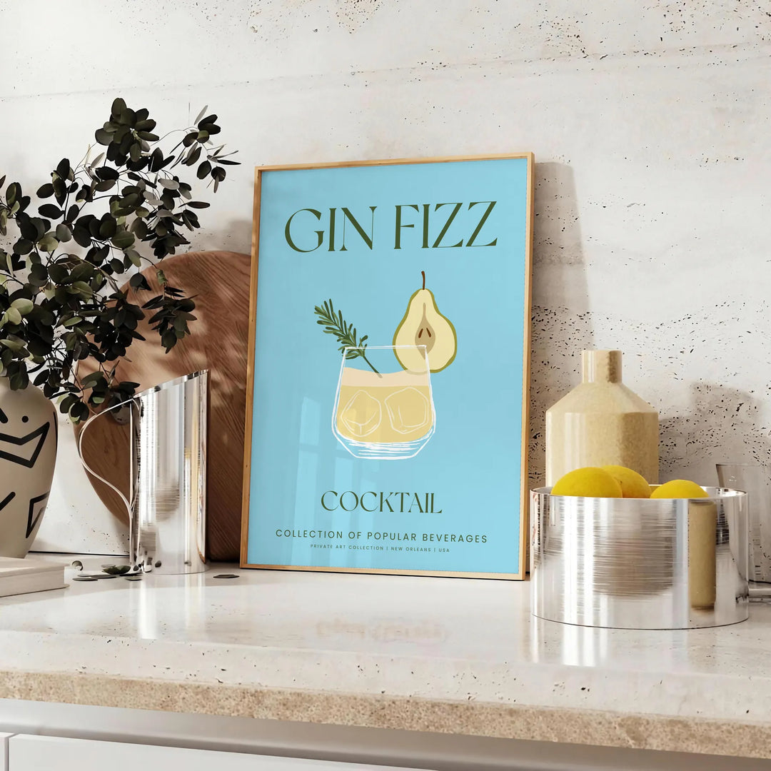 Gin Fizz Cocktail Art Travel Poster High Quality Frame Premium Print Home Decor Color