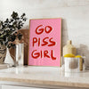 vibrant Go Piss Girl poster stunning piece popular wall art bold orange brown hues unique gift home decor unframed formats artwork collection