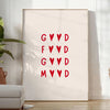 space Good Food Mood motivational poster stylish gray red tones kitchens dining areas artwork inspiring gift sizes A4 cm A0 vibrant wall art home today