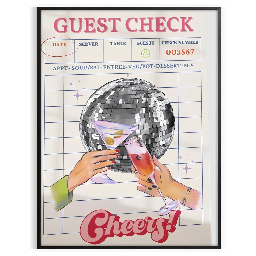 Guest Check Cheers Graphic Art Print Travel Poster High Quality Frame Premium Print Home Decor Color