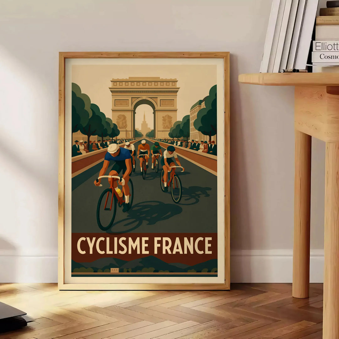 Póster de ciclismo del Tour de Francia en tonos verdes y marrones, ideal para los amantes del ciclismo. Disponible en varias