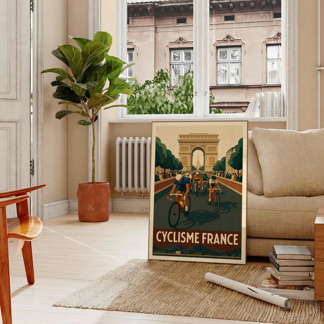 Póster de ciclismo del Tour de Francia en tonos verdes y marrones, ideal para los amantes del ciclismo. Disponible en varias