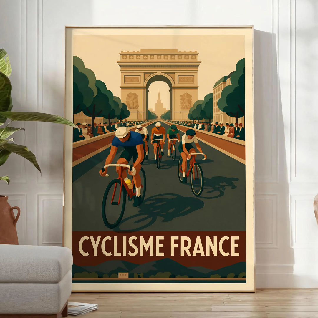 Póster de ciclismo del Tour de Francia en tonos verdes y marrones, ideal para los amantes del ciclismo. Disponible en varias