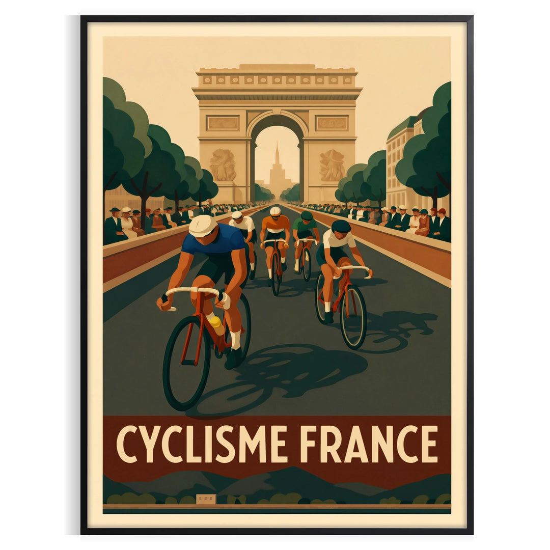 Póster de ciclismo del Tour de Francia en tonos verdes y marrones, ideal para los amantes del ciclismo. Disponible en varias
