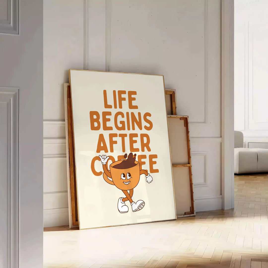 Plakat do kuchni "Życie zaczyna się po kawie" w żywych pomarańczowych i zielonych kolorach, idealny dla miłośników kawy