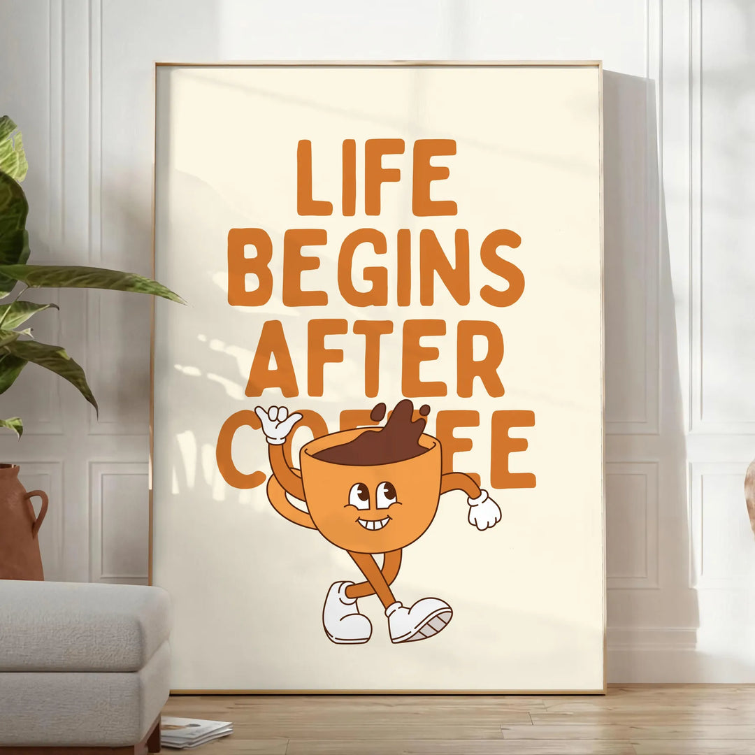 Plakat do kuchni "Życie zaczyna się po kawie" w żywych pomarańczowych i zielonych kolorach, idealny dla miłośników kawy