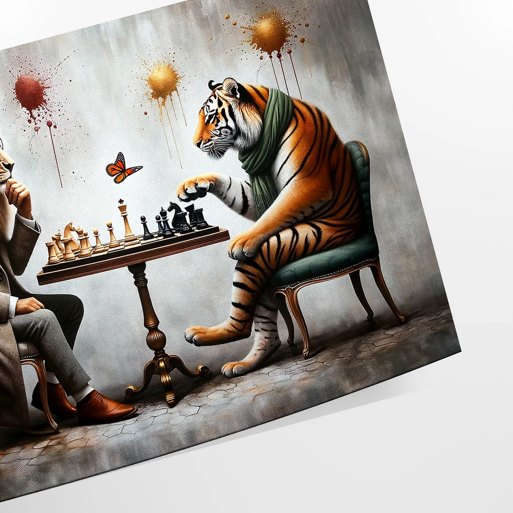 wild intellect jungle Lion Tiger Chess poster striking green black artwork majesty strategy wall art space ideal gift lovers wildlife enthusiasts standalone