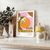 stunning Los Angeles California vintage travel poster vibrant orange green hues wall art captivating artwork nostalgic touch room unique gift sizes A4 cm A0