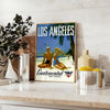 Los Angeles vintage travel poster lush green crisp white hues wall art thoughtful gift artwork charm LA golden era decor stylish print available