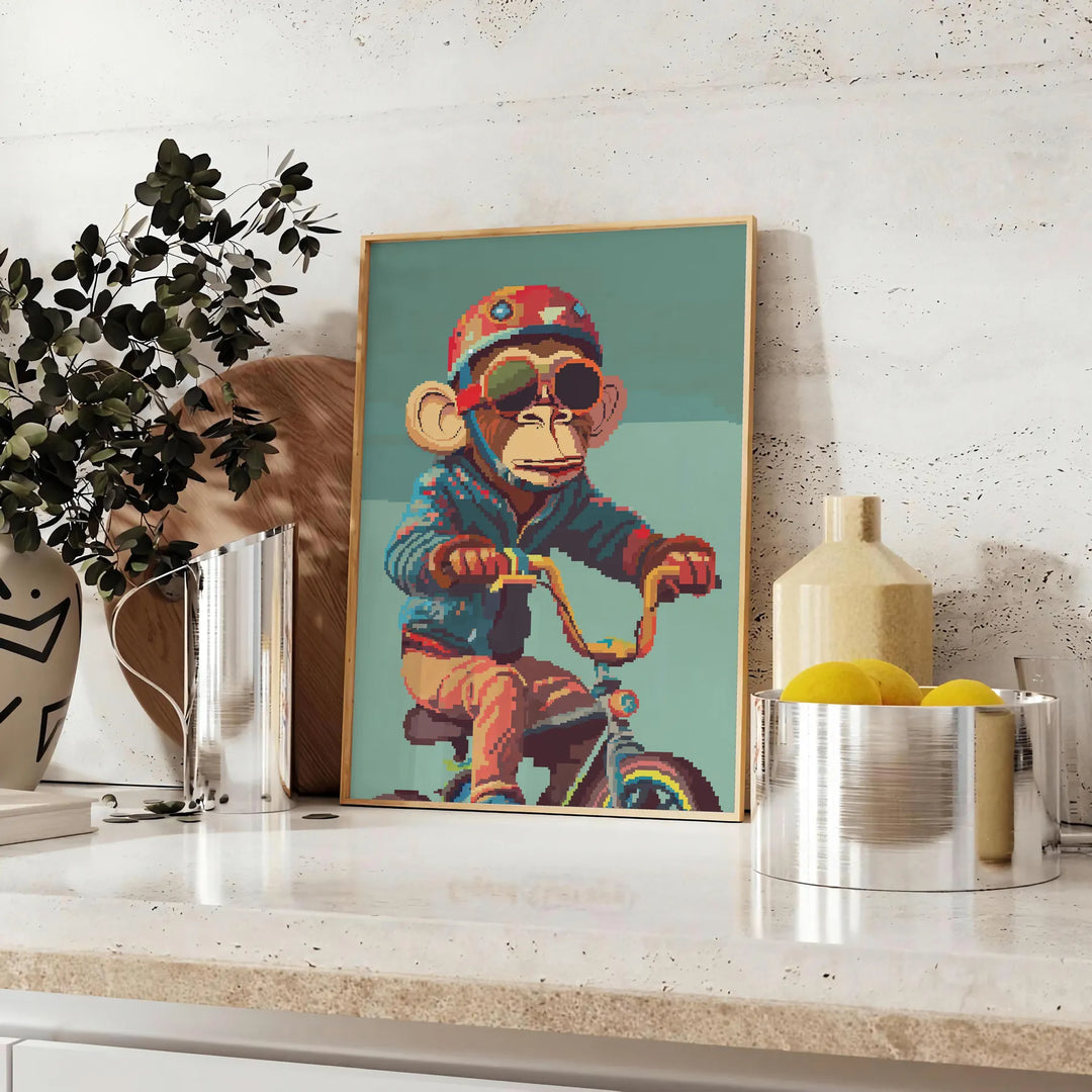 Monkey Bike Animal Poster Travel Poster High Quality Frame Premium Print Home Decor Color