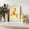 golden era travel Monte Carlo vintage poster warm brown orange hues perfect wall art addition space unique gift stunning artwork A4 cm A0 sizes