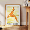 golden era travel Monte Carlo vintage poster warm brown orange hues perfect wall art addition space unique gift stunning artwork A4 cm A0 sizes