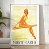 golden era travel Monte Carlo vintage poster warm brown orange hues perfect wall art addition space unique gift stunning artwork A4 cm A0 sizes