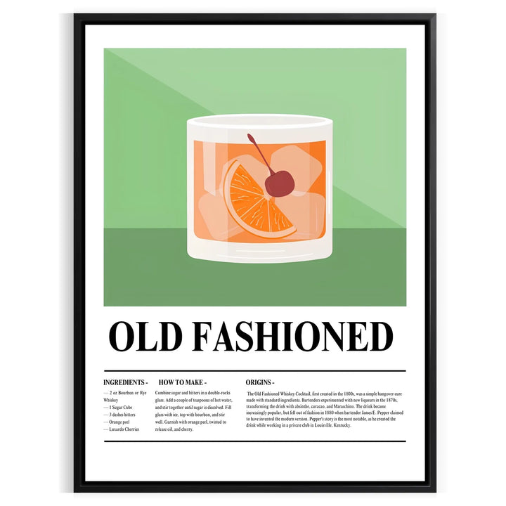 Old Fashioned Cocktail Poster Travel Poster High Quality Frame Premium Print Home Decor Color