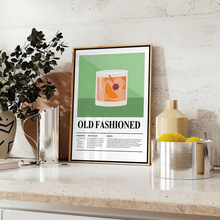 Old Fashioned Cocktail Poster Travel Poster High Quality Frame Premium Print Home Decor Color