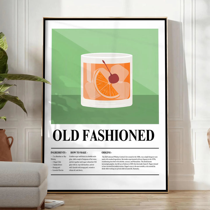 Old Fashioned Cocktail Poster Travel Poster High Quality Frame Premium Print Home Decor Color