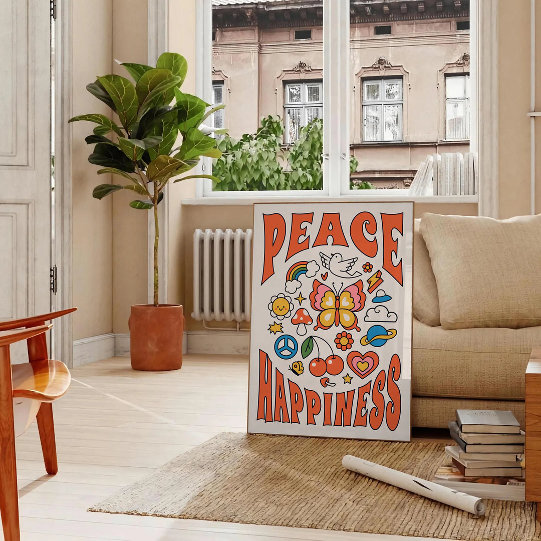 Peace Happinessprint Groovy Poster Travel Poster High Quality Frame Premium Print Home Decor Color