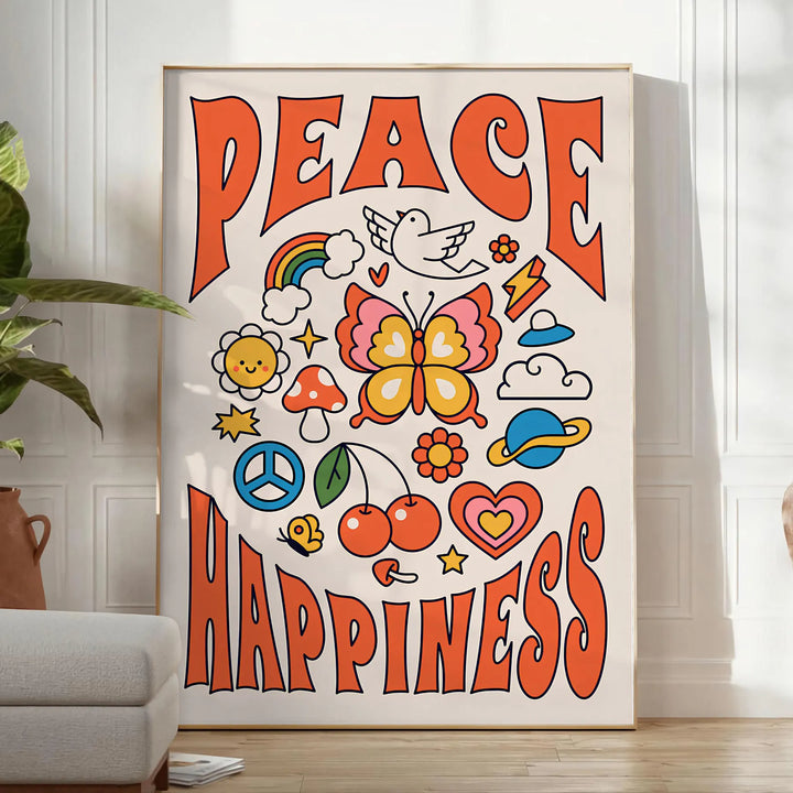 Peace Happinessprint Groovy Poster Travel Poster High Quality Frame Premium Print Home Decor Color