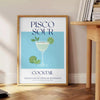 Affiche captivante thème cocktail Pisco Sour nuances vert bleu cadeau salutations évasion disponibles A4 cm A0